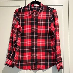 Equipment Red plaid silk blouse with ruffle sleeve detail
